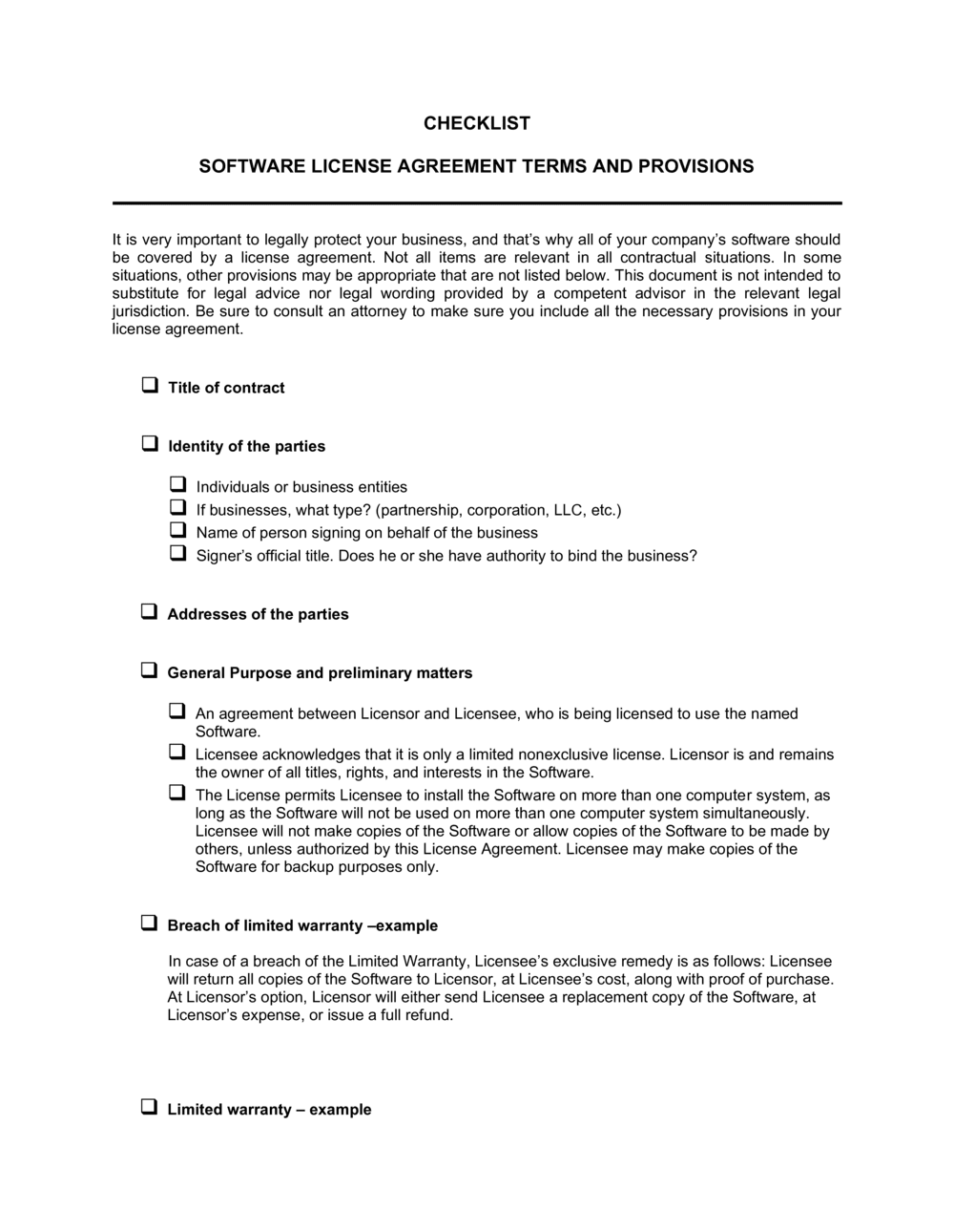Checklist Software License Agreement Provisions Template  by For software warranty agreement template