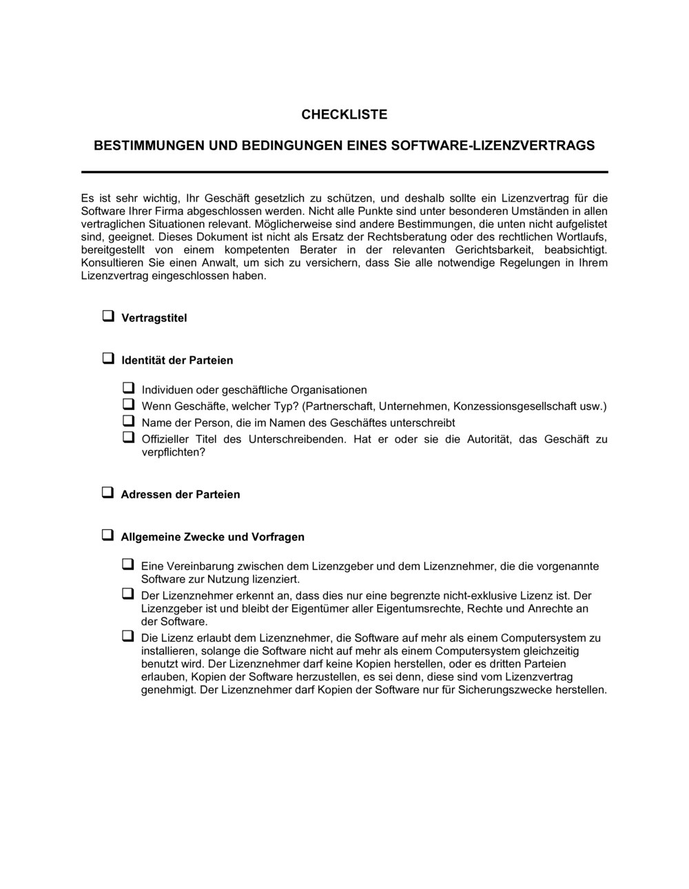 Business-in-a-Box's Checkliste - Bedingungen und Bestimmungen eines Software Lizenzvertrags