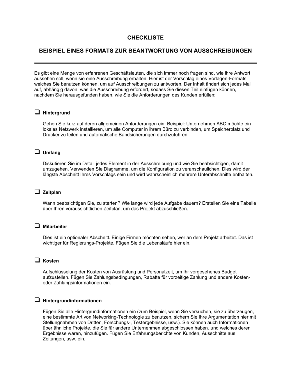 Business-in-a-Box's Checkliste - Beispiel eines Formats zur Beantwortung von Ausschreibungen