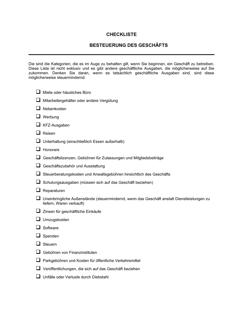 Business-in-a-Box's Checkliste - Besteuerung des Geschäfts