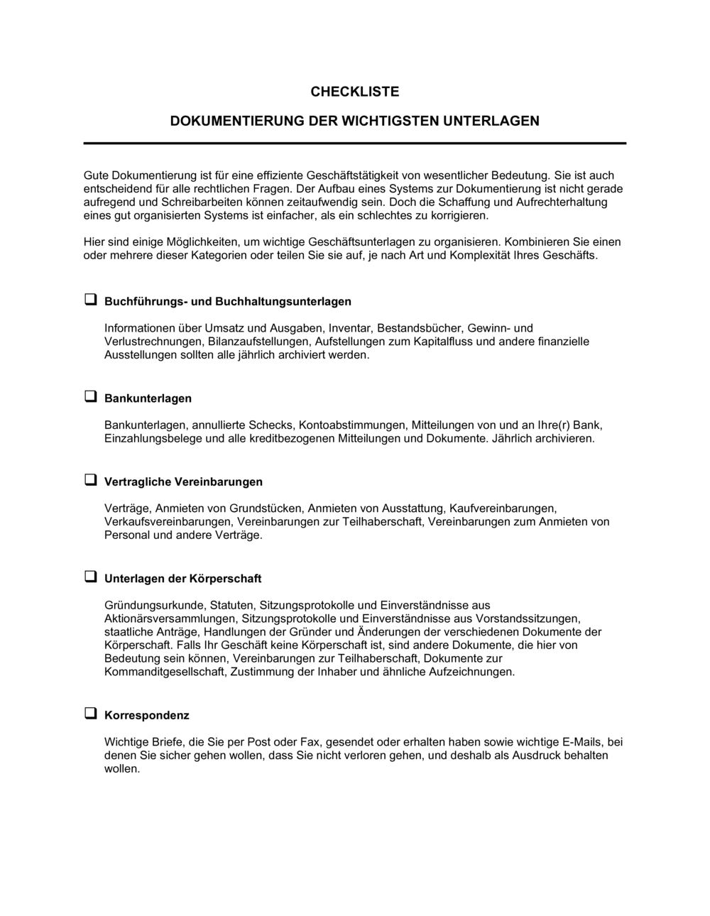 Business-in-a-Box's Checkliste - Dokumentierung der wichtigsten Unterlagen