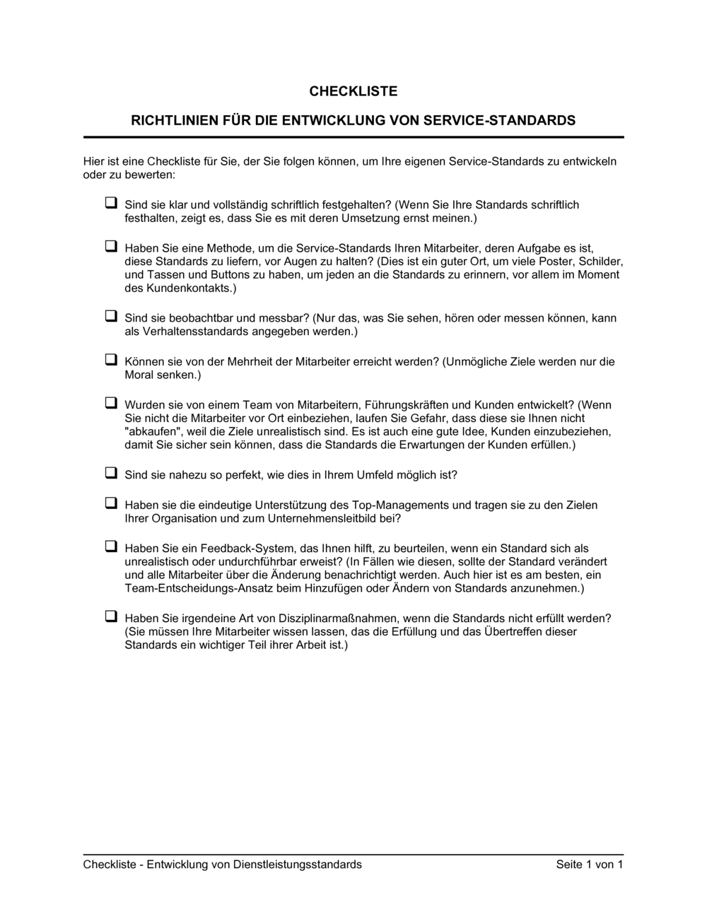 Business-in-a-Box's Checkliste - Entwicklung von Dienstleistungsstandards