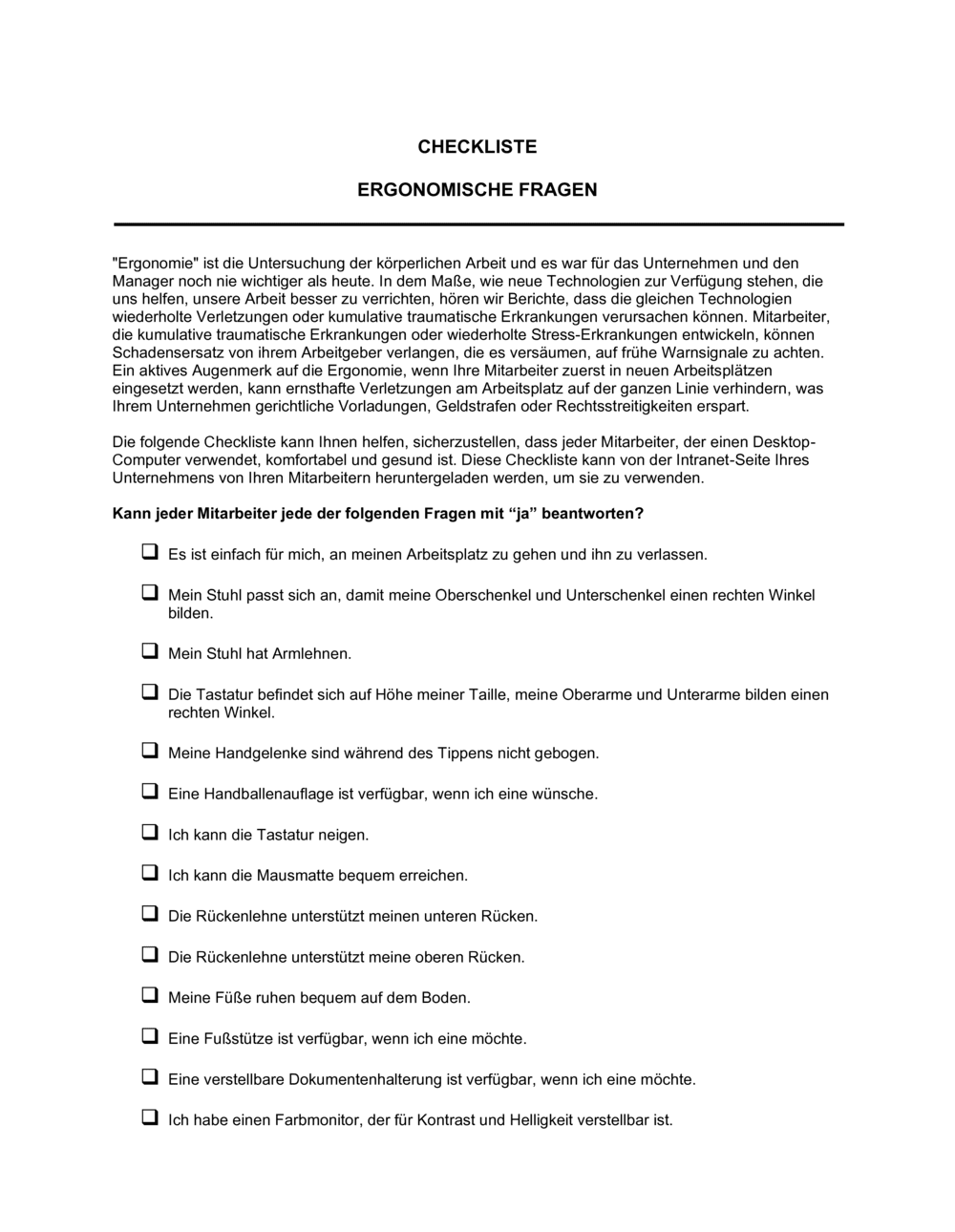 Business-in-a-Box's Checkliste - Ergonomische Fragen