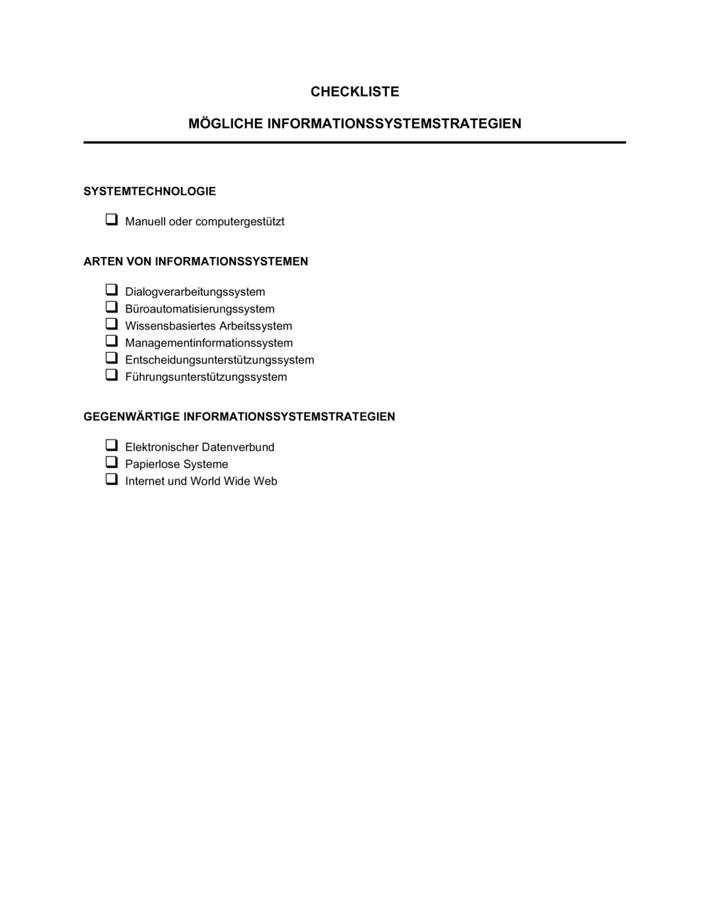 Business-in-a-Box's Checkliste - Mögliche Informationssystemstrategien