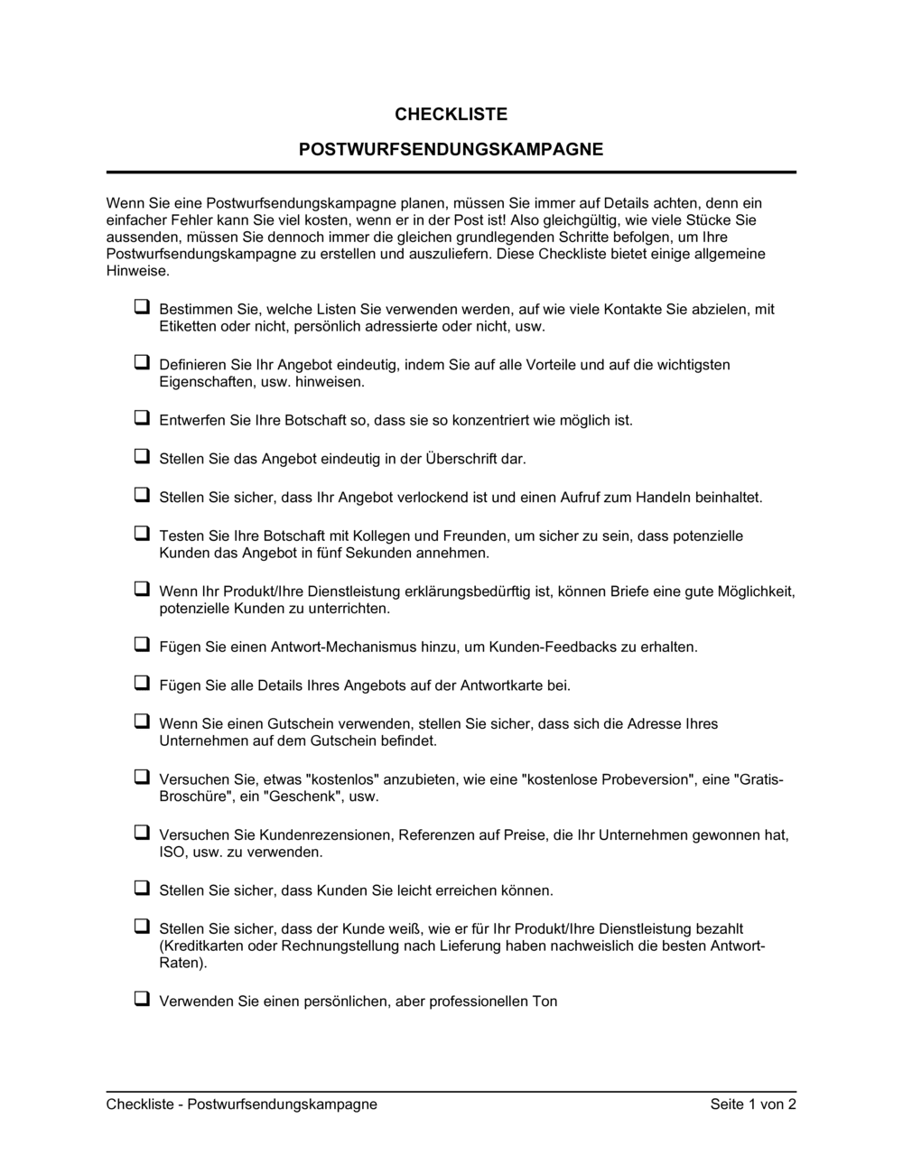 Business-in-a-Box's Checkliste - Postwurfsendungskampagne
