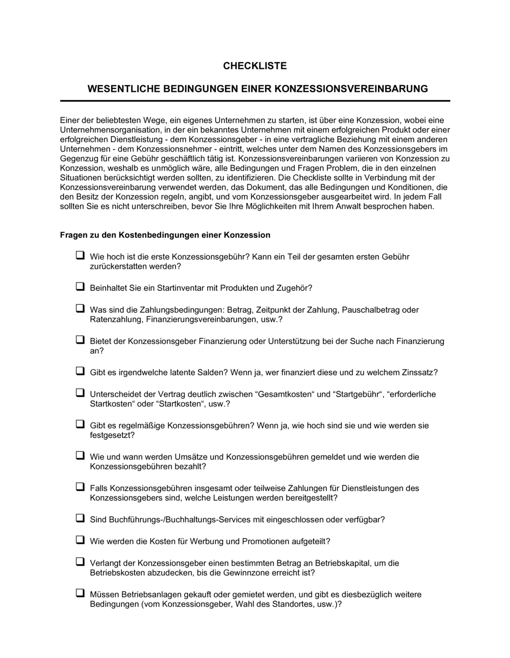 Business-in-a-Box's Checkliste - Wesentliche Bedinungen einer