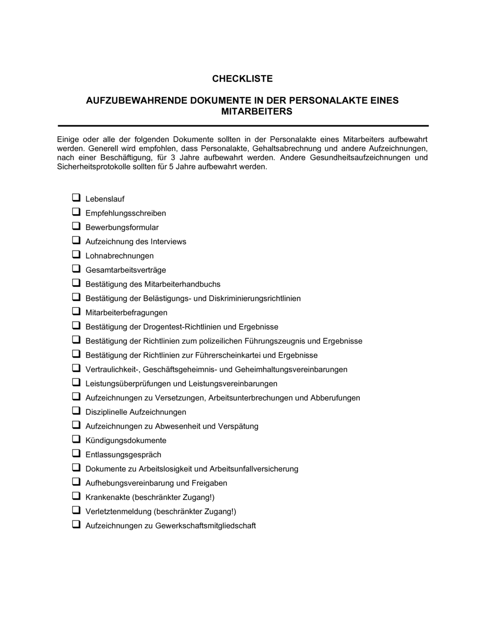 Business-in-a-Box's Checkliste Personalakte