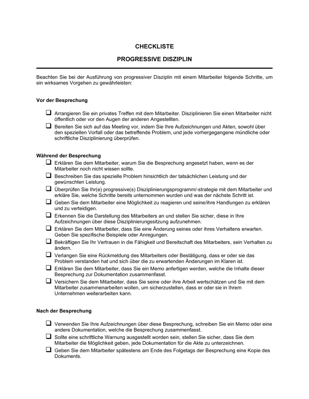 Business-in-a-Box's Checkliste Progressive Disziplin Dokumentation