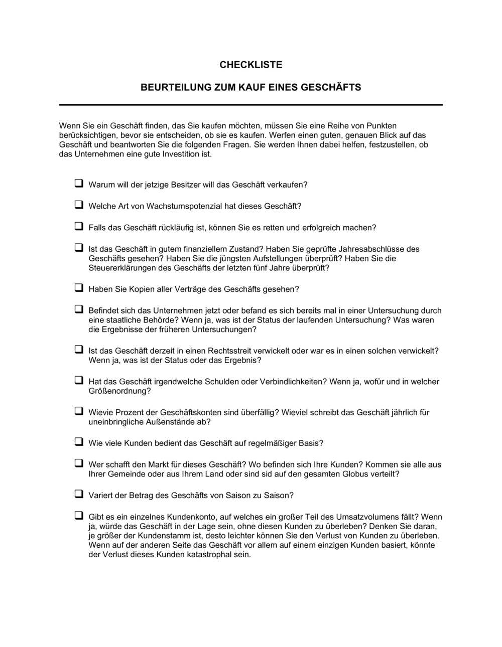 Business-in-a-Box's Checkliste Beurteilung zum Kauf eines Geschäfts
