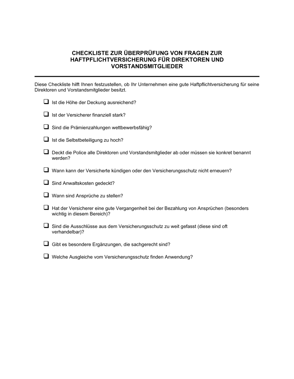 Business-in-a-Box's Checkliste Haftpflichtversicherung für Direktoren und Vorstandsmitglieder