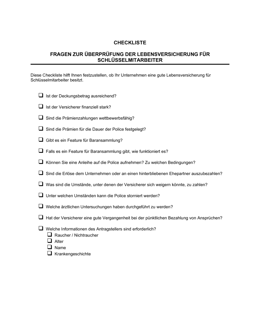 Business-in-a-Box's Checkliste Lebensversicherung für Schlüsselmitarbeiter