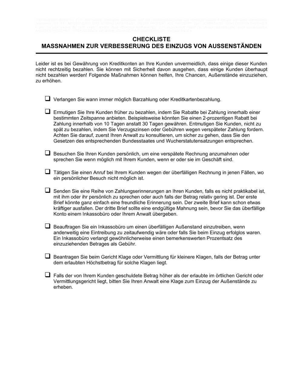 Business-in-a-Box's Checkliste Maßnahmen zur Verbesserung des Einzugs von Außenständen