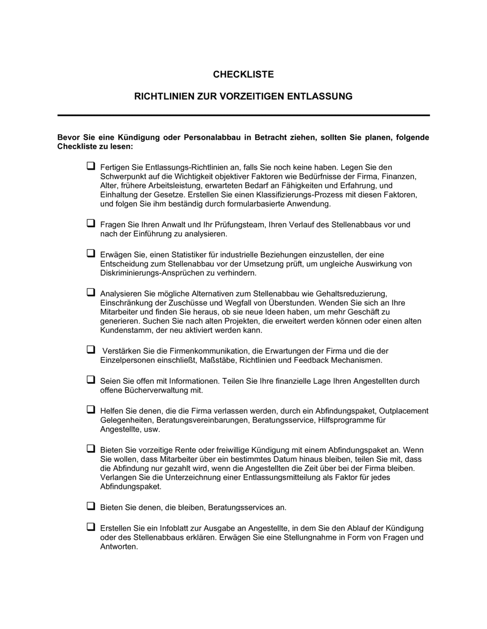 Business-in-a-Box's Checkliste Richtlinien zur vorzeitigen Entlassung