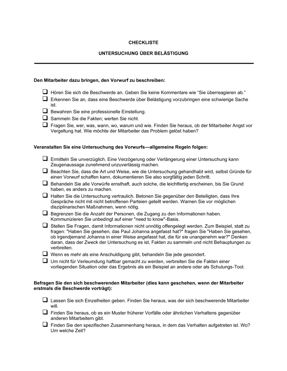 Business-in-a-Box's Checkliste Untersuchung über Belästigung