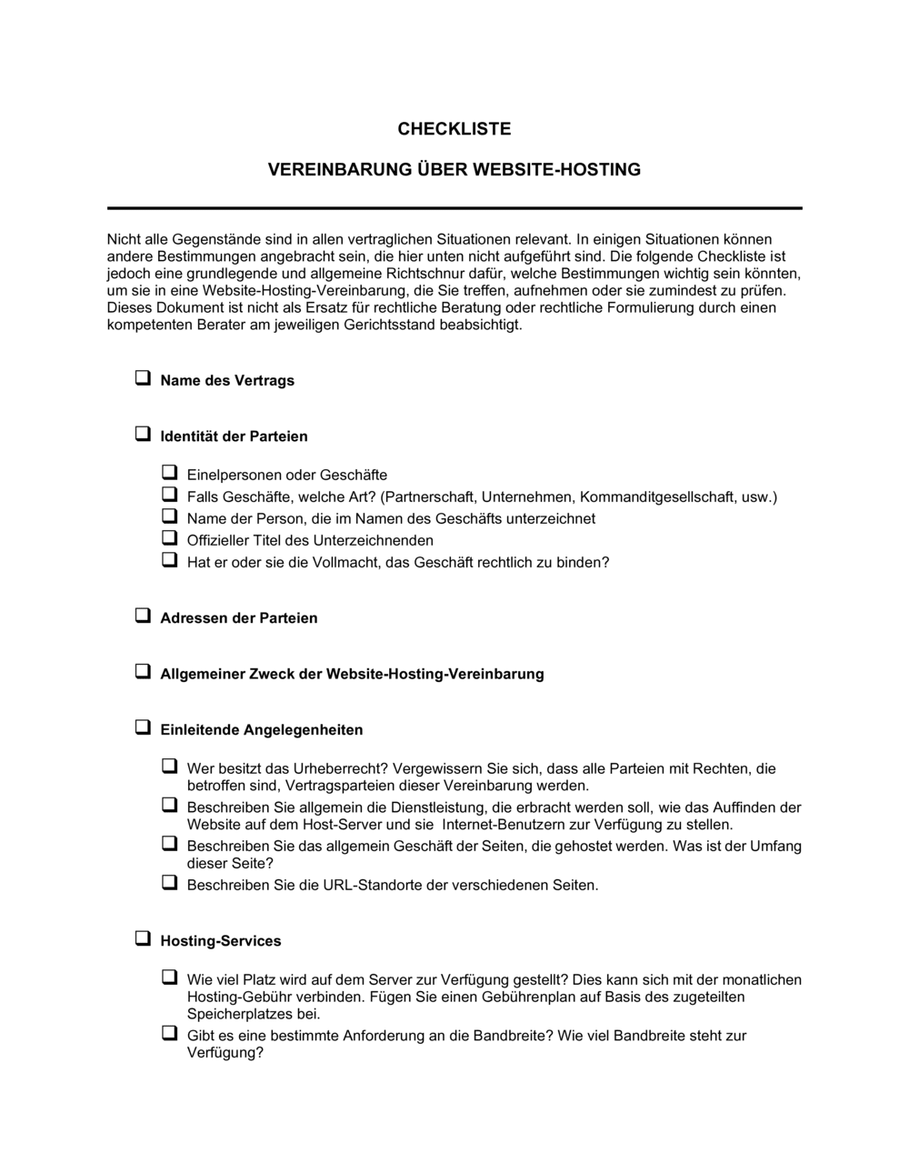 Business-in-a-Box's Checkliste Vereinbarung über Hosting