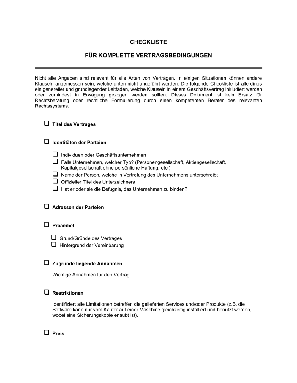 Business-in-a-Box's Checkliste Vertragsbedingungen und Vorschriften