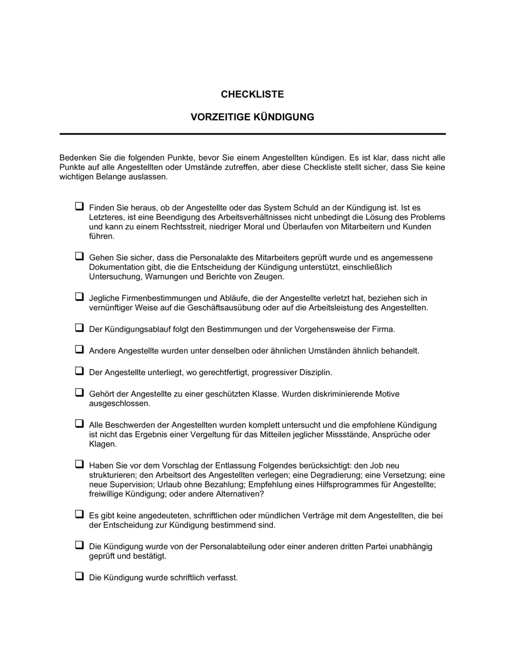 Business-in-a-Box's Checkliste Vorzeitige Kündigung