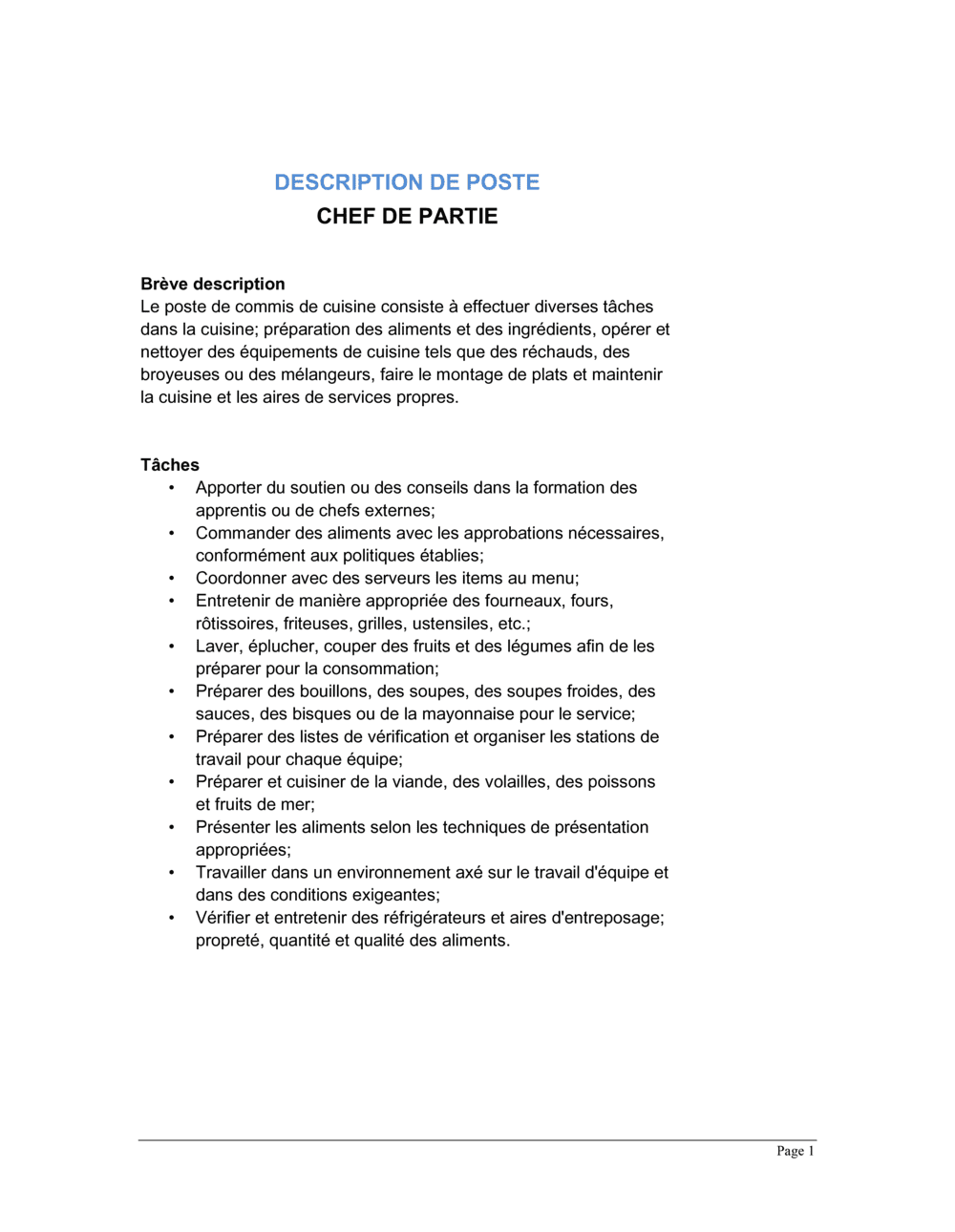Business-in-a-Box's Chef de partie Description de poste