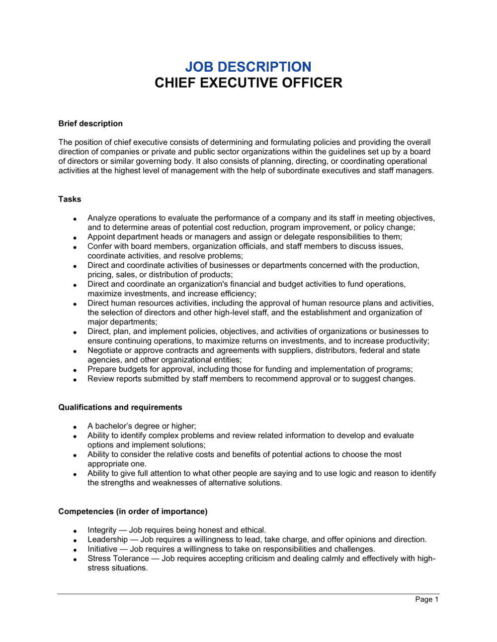 Chief Executive Job Description Template By Business in a Box 