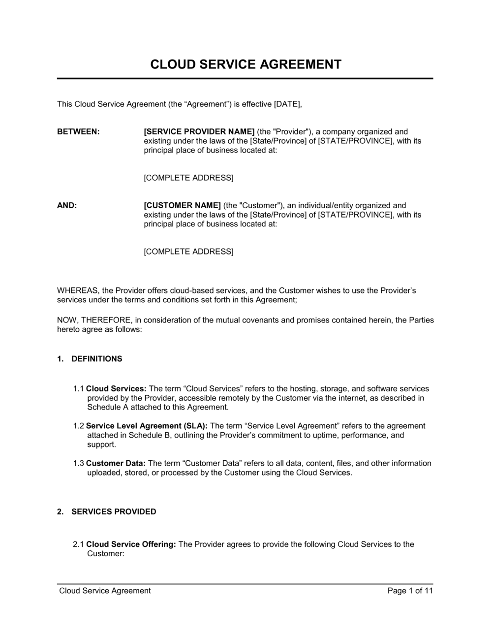 Business-in-a-Box's Cloud Service Agreement Template