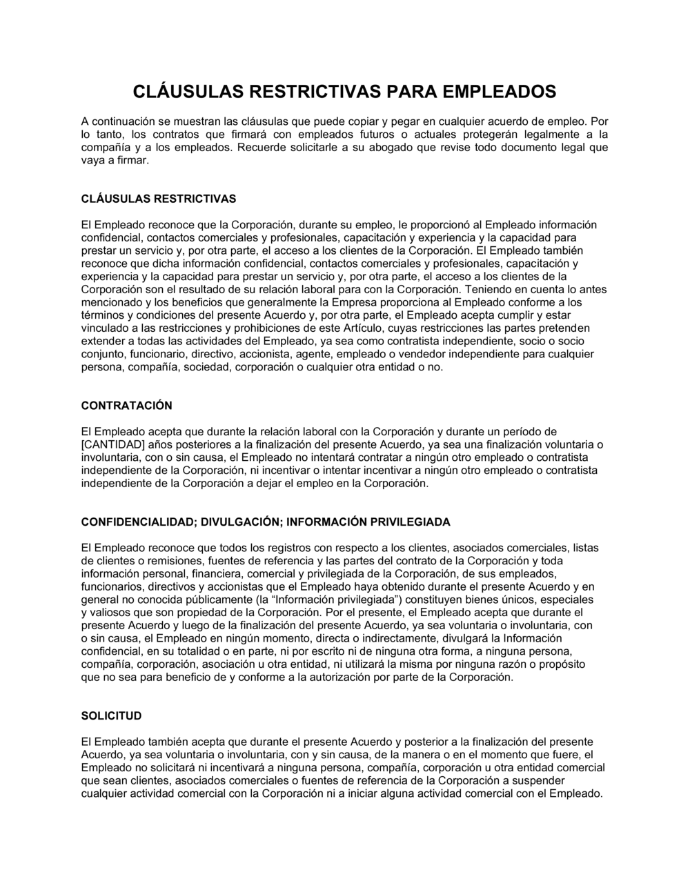 Business-in-a-Box's Cláusulas restrictivas para acuerdos laborales