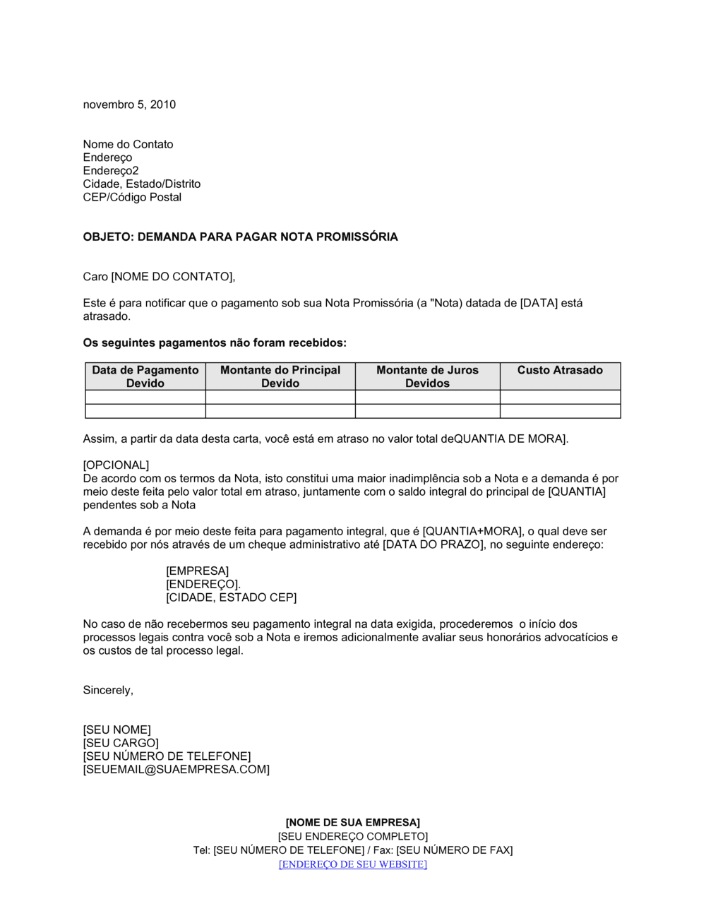 Business-in-a-Box's Cobrança para Pagamento da Nota Promissória