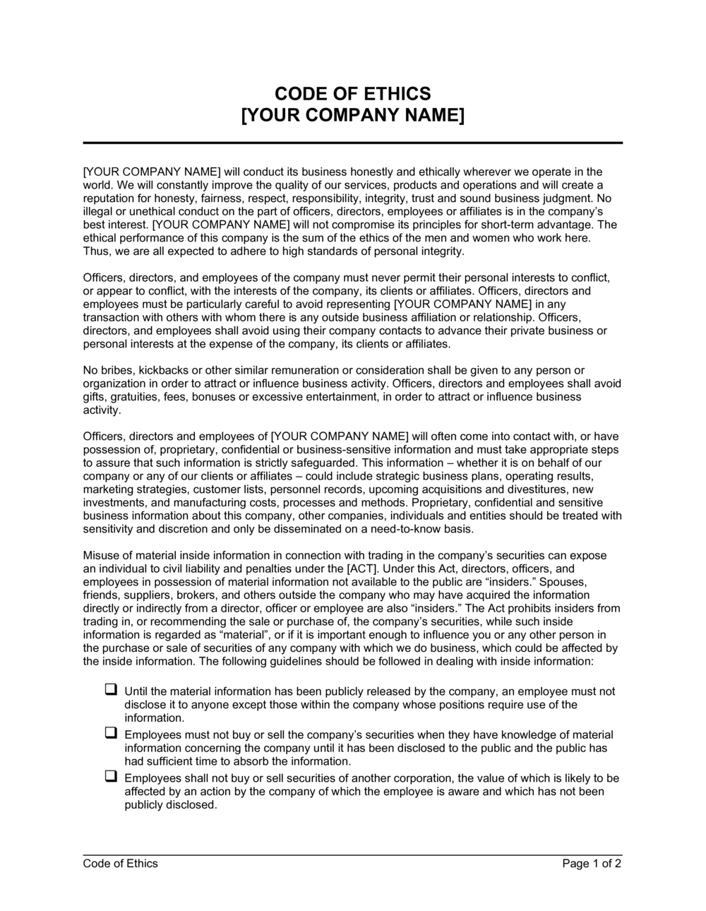 Ethics Policy Template Free Uk Printable Templates