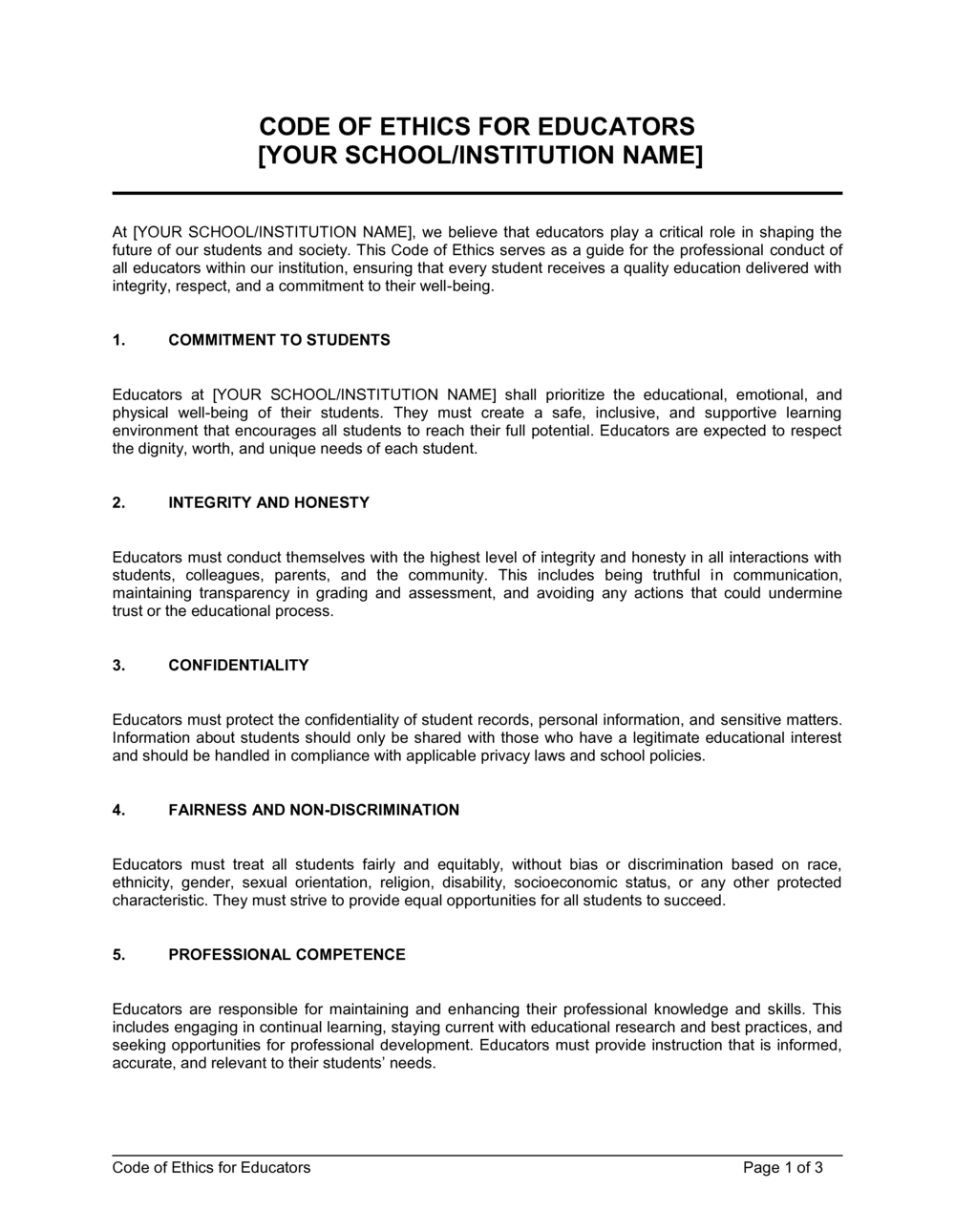 Business-in-a-Box's Code Of Ethics For Educators Template