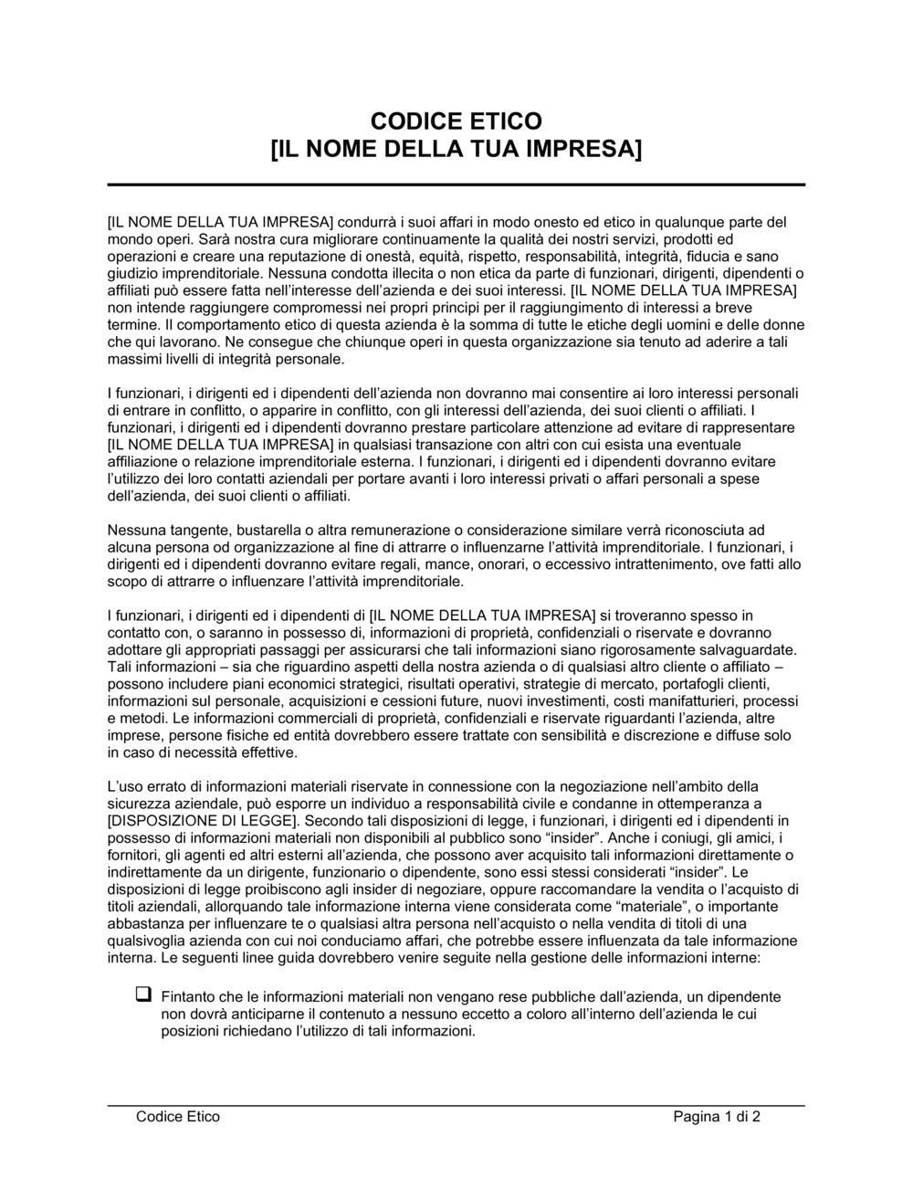 Business-in-a-Box's Codice etico