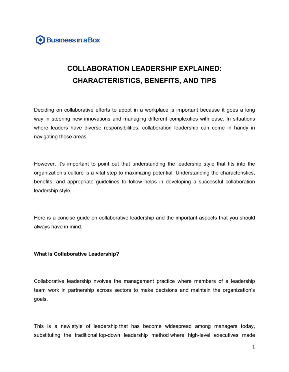 Business-in-a-Box's Collaboration Leadership Explained Template
