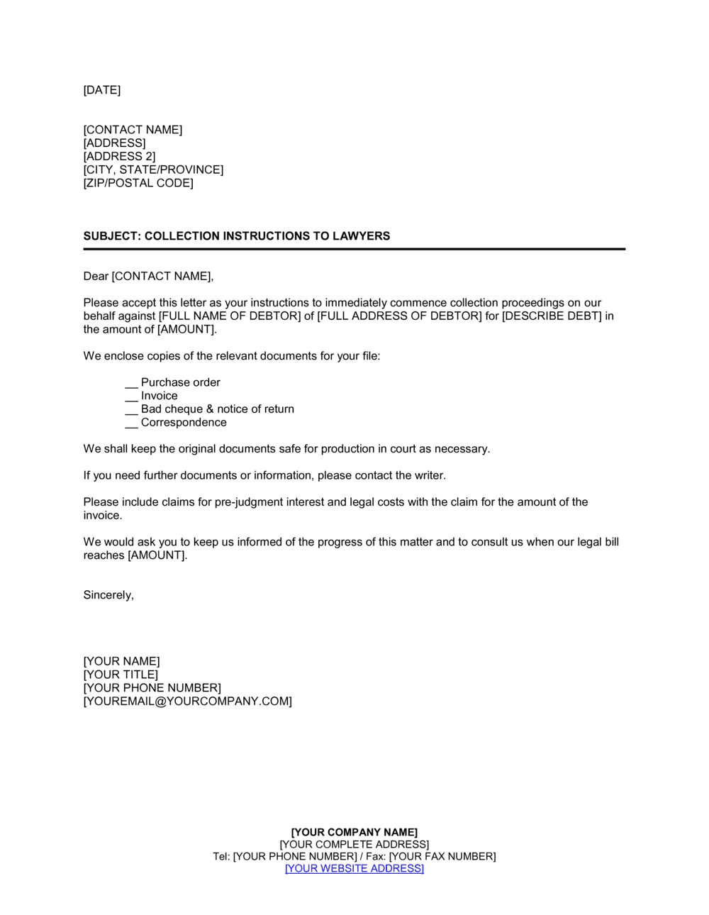 Collection Instructions to Lawyers Template  by Business-in-a-Box™ Within Letter Of Instruction Template