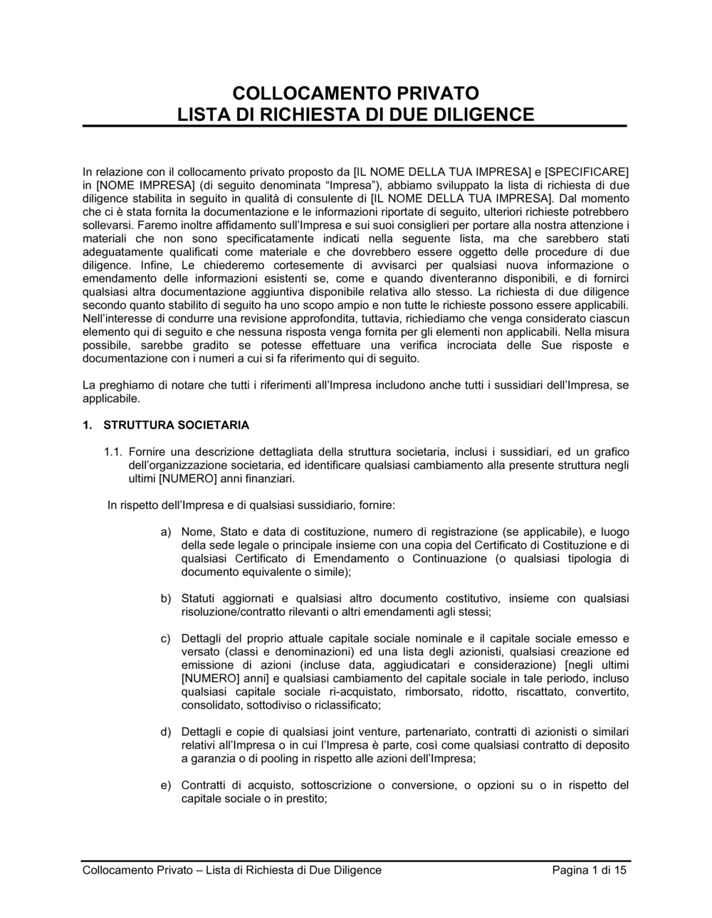 Business-in-a-Box's Collocamento privato lista di richiesta di due diligence