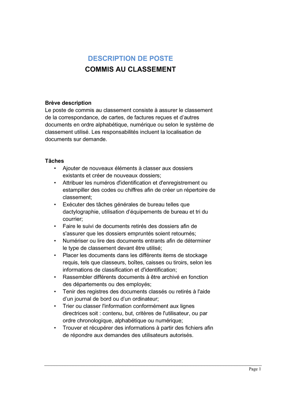 Business-in-a-Box's Commis au classement Description de poste