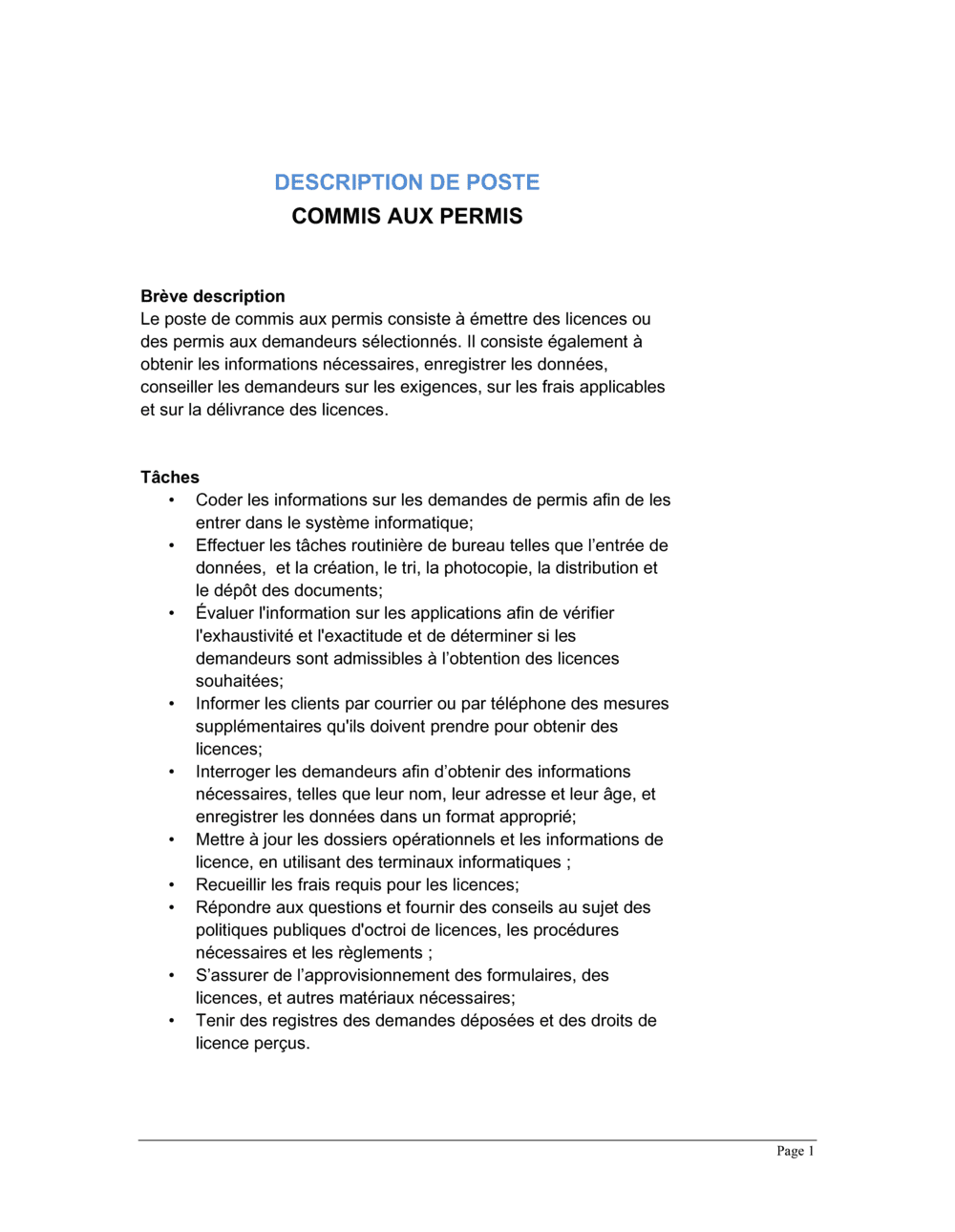 Business-in-a-Box's Commis aux permis Description de poste