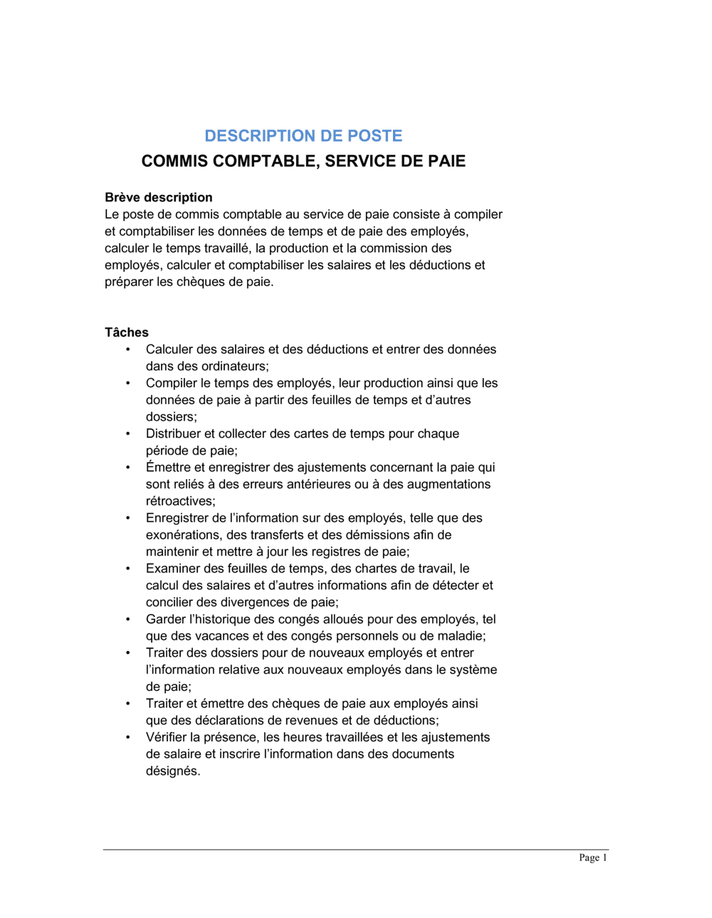 Business-in-a-Box's Commis comptable service de paie Description de poste