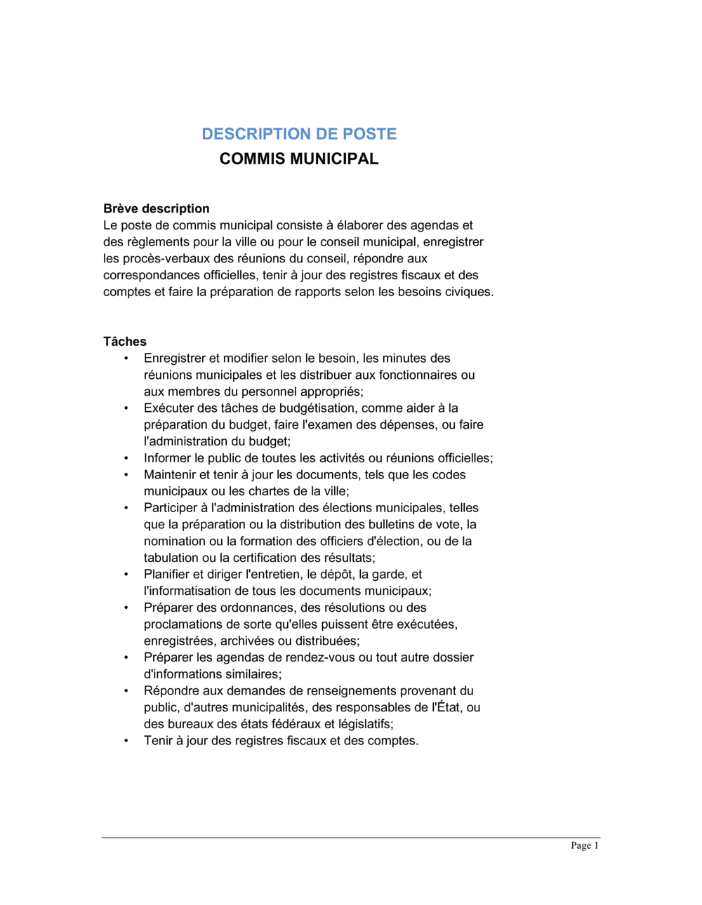 Business-in-a-Box's Commis municipal Description de poste