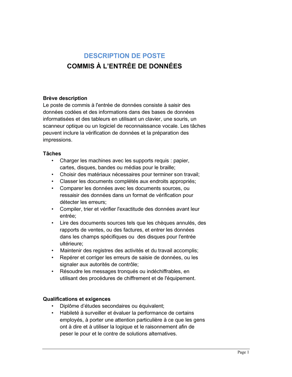 Business-in-a-Box's Commis à l'entrée de données Description de poste