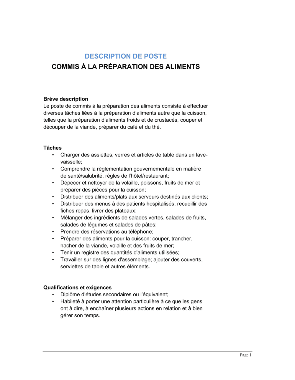 Business-in-a-Box's Commis à la préparation des aliments Description de poste