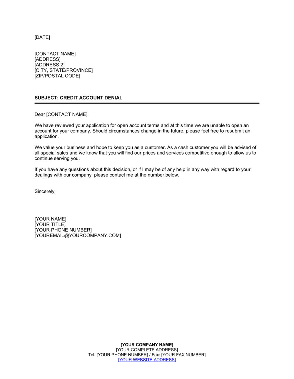 Business-in-a-Box's Company Credit Account Denial Template