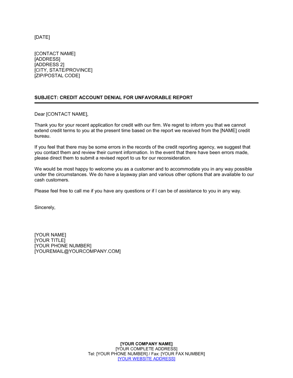 Business-in-a-Box's Company Credit Account Denial for Unfavorable Report Template