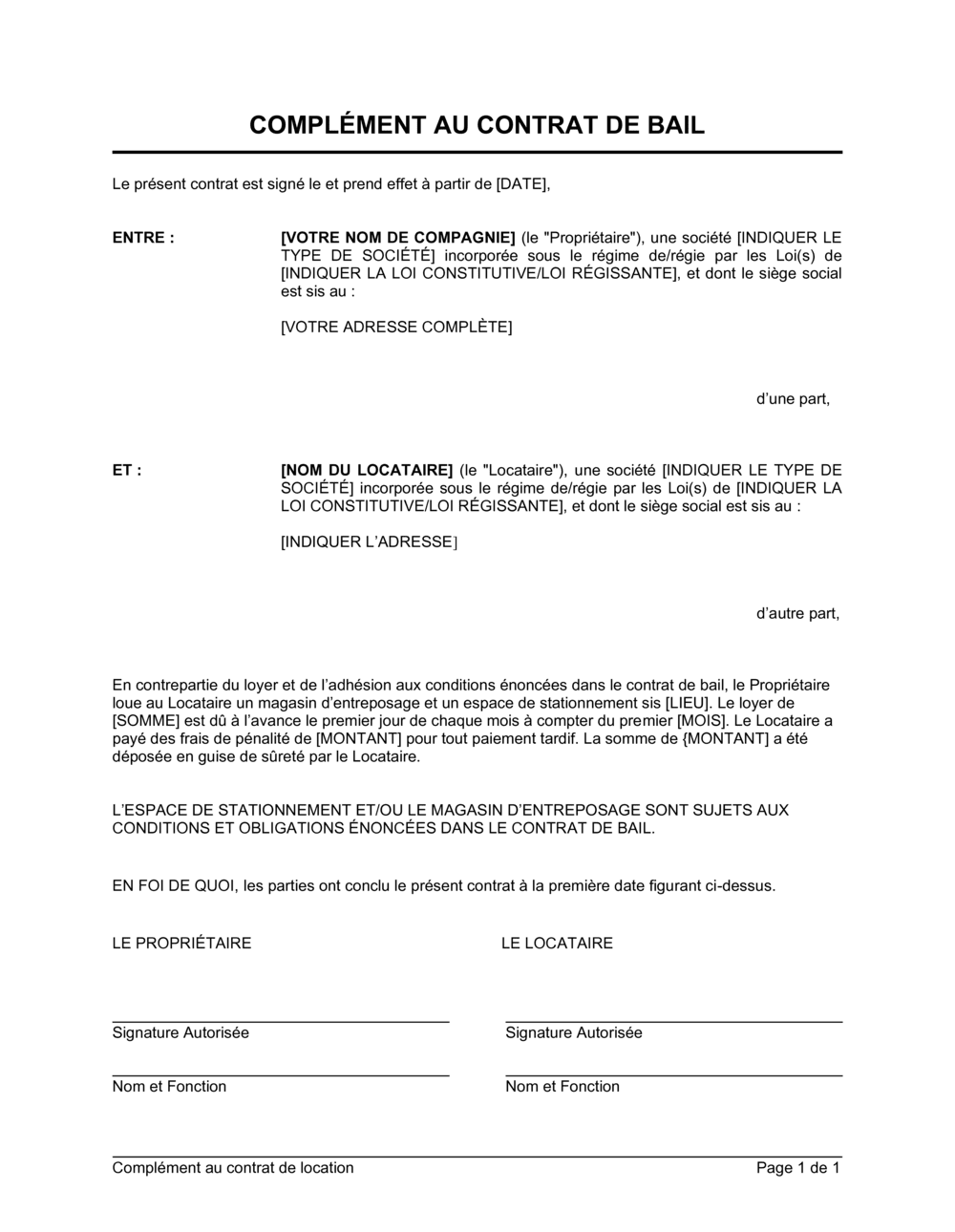 Business-in-a-Box's Complément au contrat de location