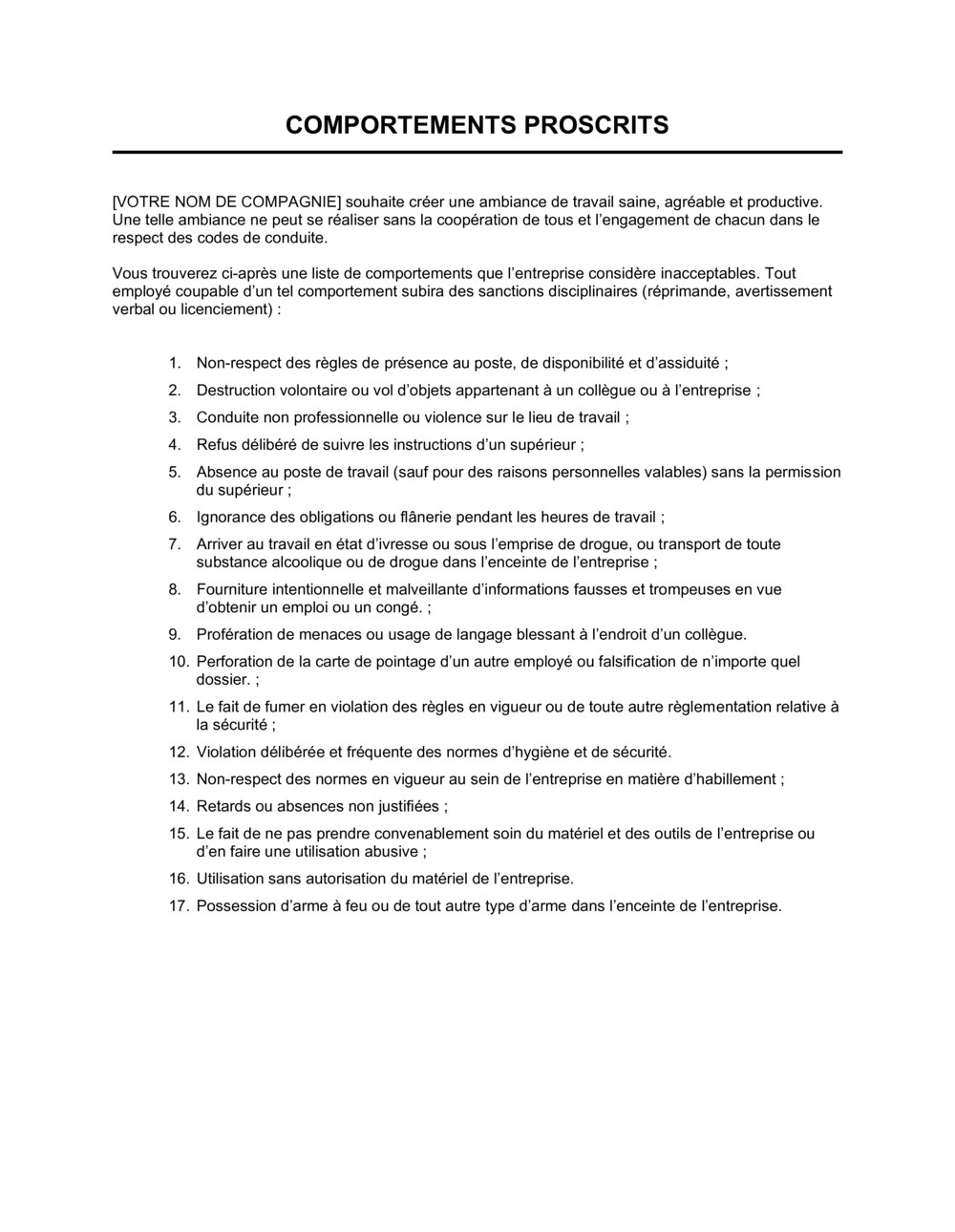 Business-in-a-Box's Comportements proscrits