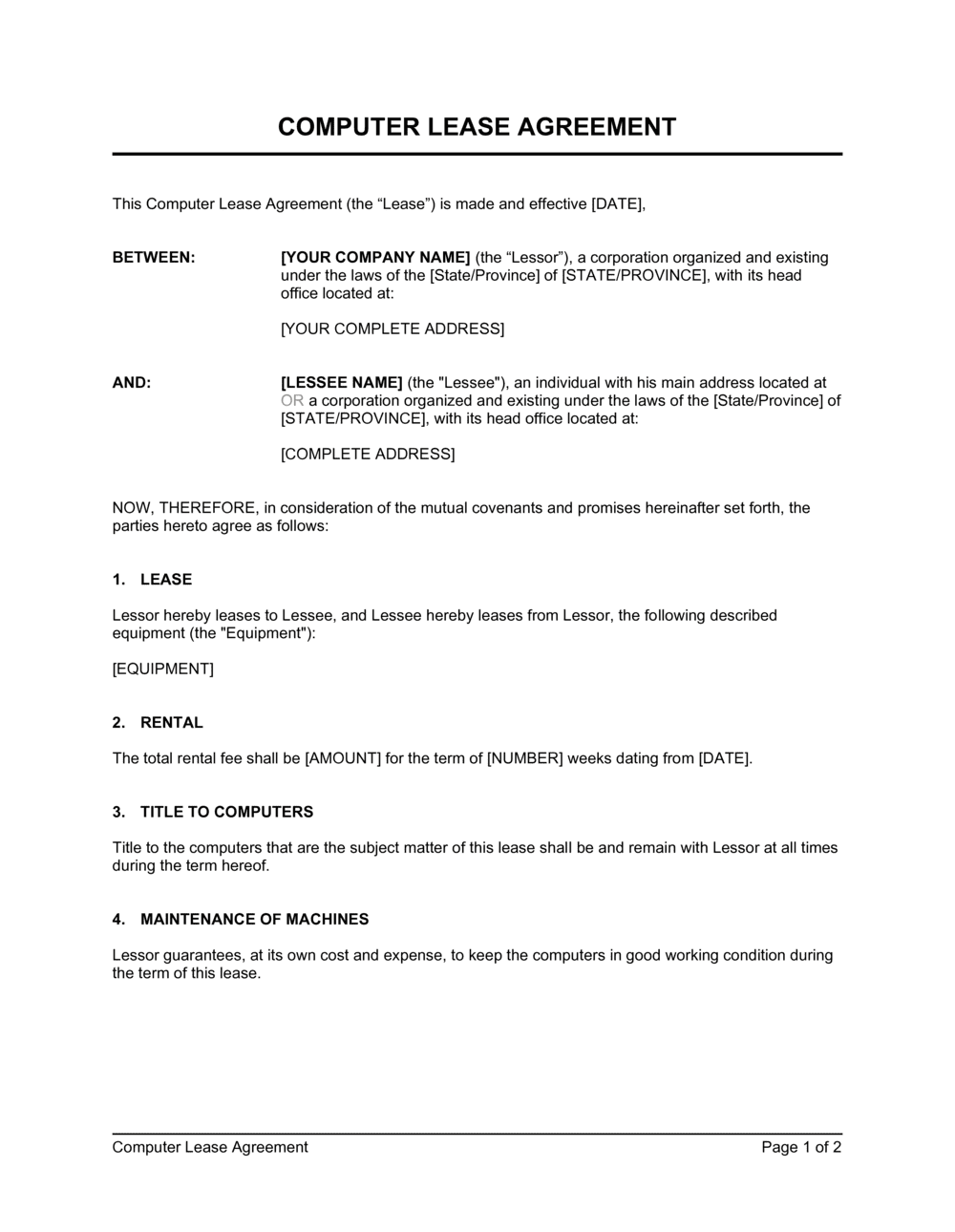 Computer Lease Agreement Template