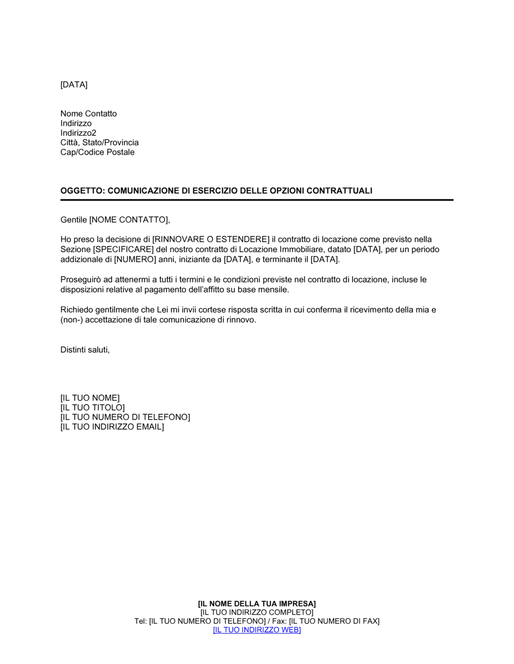 Business-in-a-Box's Comunicazione di esercizio delle opzioni contrattuali