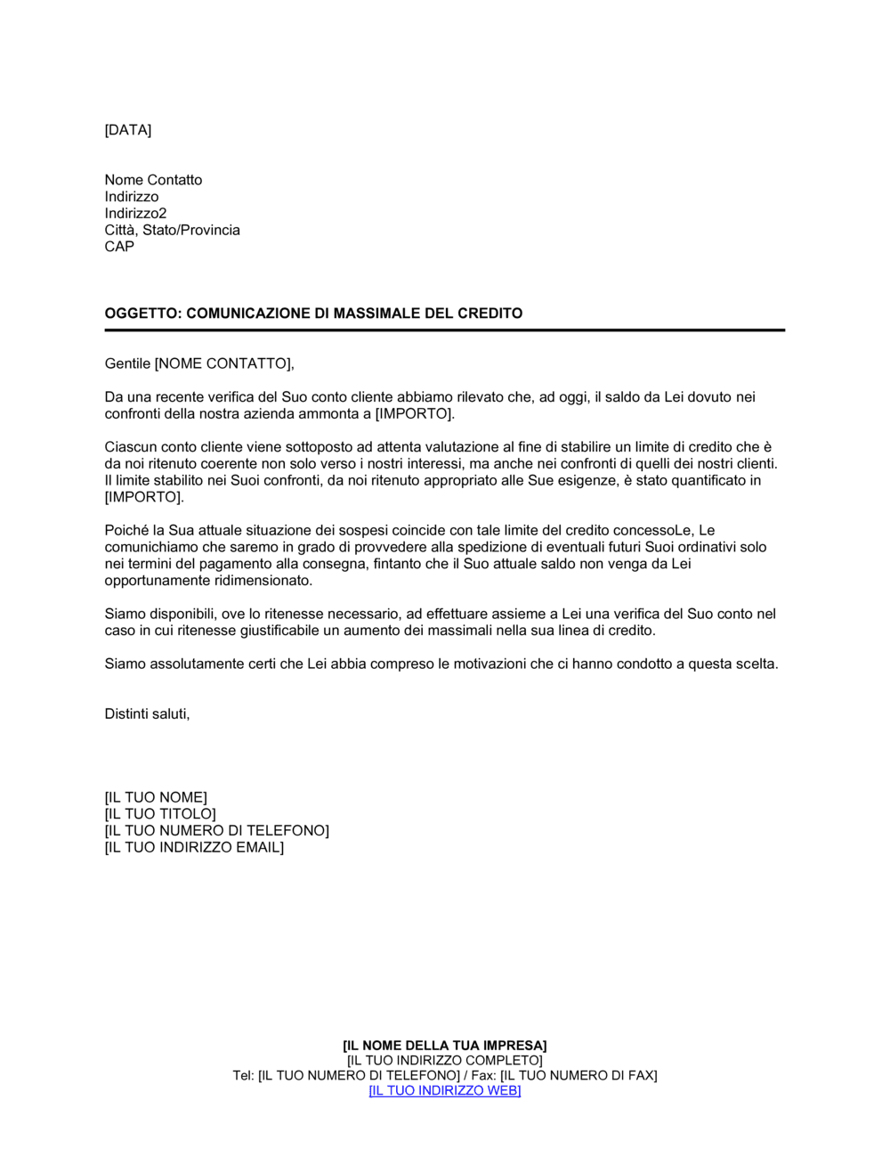 Business-in-a-Box's Comunicazione di massimale del credito