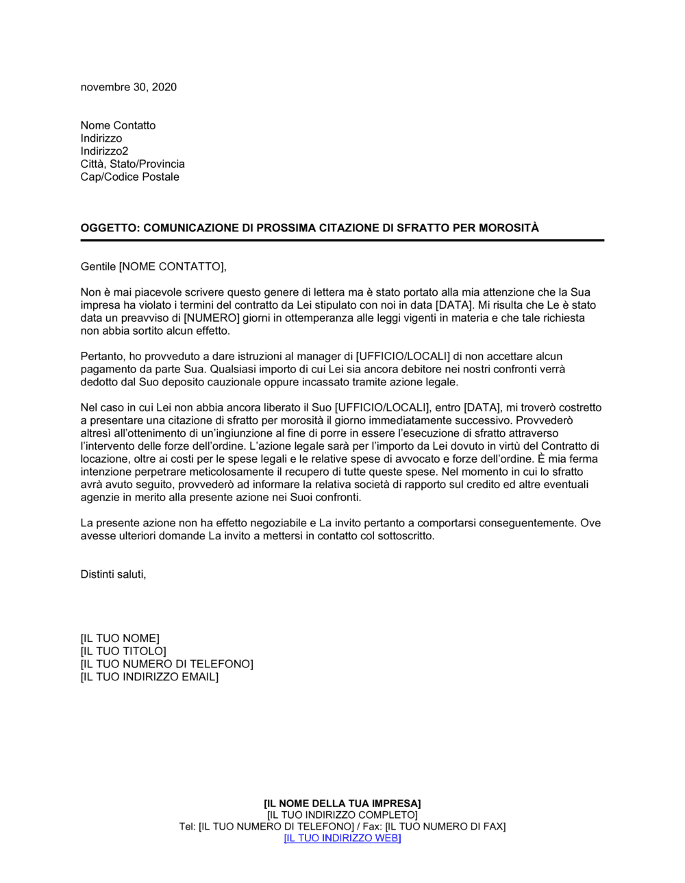 Business-in-a-Box's Comunicazione di prossima citazione di sfratto per morosità