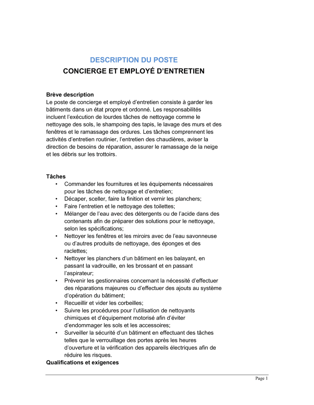 Business-in-a-Box's Concierge employé d'entretien Description de poste