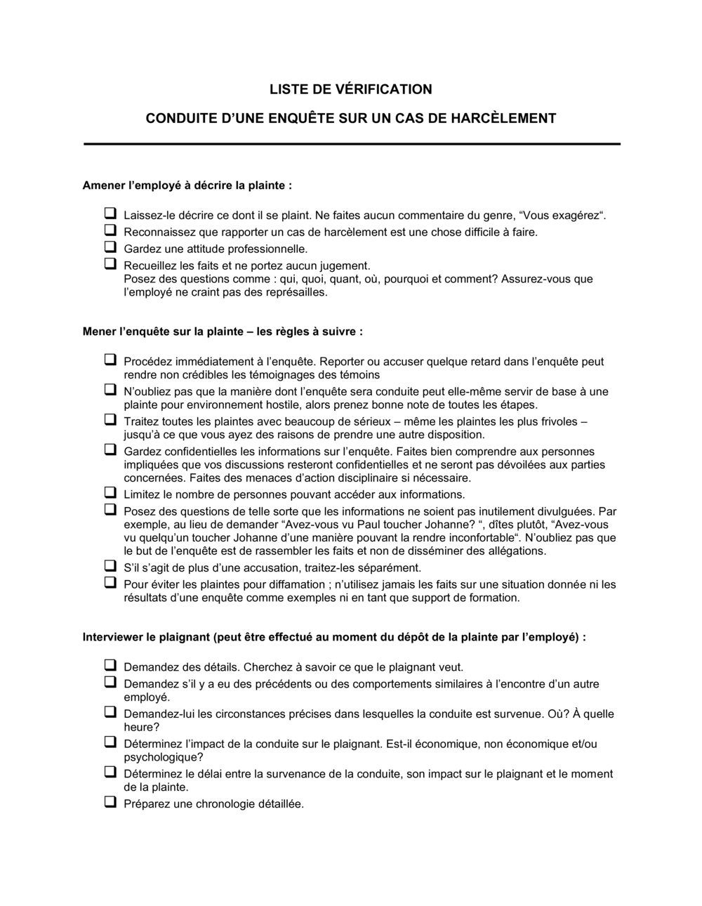 Business-in-a-Box's Conduite d'investigation sur un cas de harcèlement