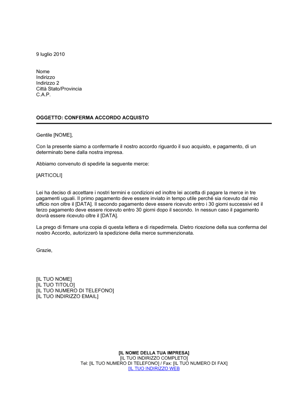 Business-in-a-Box's Conferma accordo acquisto