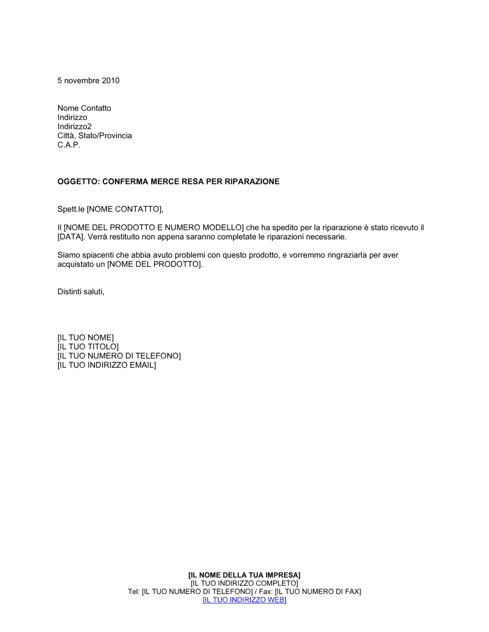 Business-in-a-Box's Conferma merce resa per riparazione